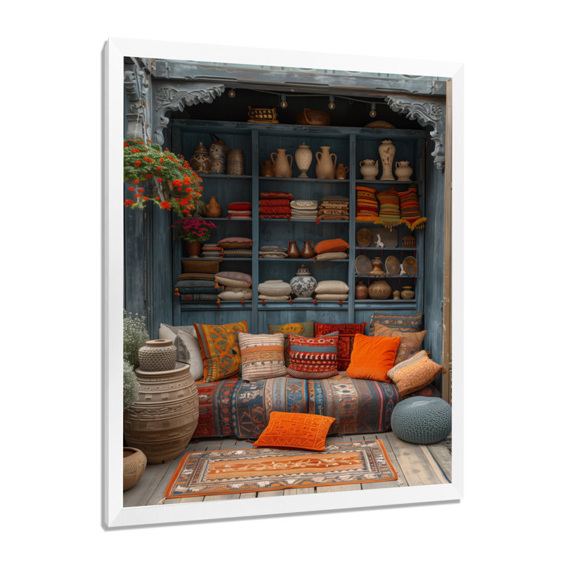 Orange bleu bohémien bazar Boho - art mural du Maroc, salon, H 32 po x l 24 po x P 1 po, Cadre simple blanc