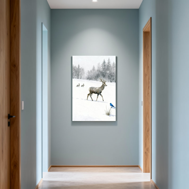 Animaux, hiver, cerf, lapin, oiseau, neige, paysage, H 24 po x l 16 po