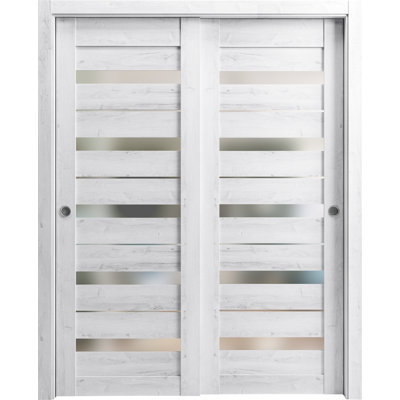 Portes coulissantes de placard à double battant avec verre dépoli Quadro 4445 Blanc nordique, rails robustes, moulures, garnitures, quincaillerie, bois massif, portes de placard de chambre à coucher - 60 po x 96 po (2 x 30 x 96 po)