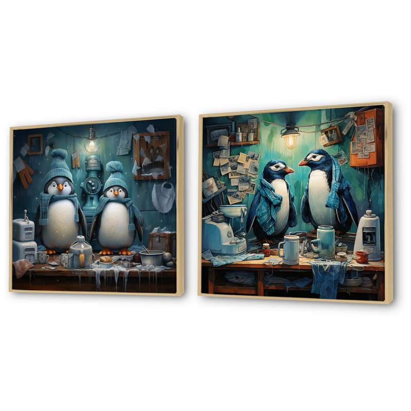 Chilly Penguins Laundry Room I - Ensemble de 2 reproductions d'art sur toile, H 30 po x l 61 po x P 1 po, Cadre flottant brun