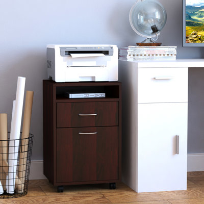 Armoire de rangement mobile brune et support pour imprimante avec tiroir, amplement pour les articles de bureau, compact à placer sous le bureau, freins verrouillables à 4 roues, - surface en bois de particules