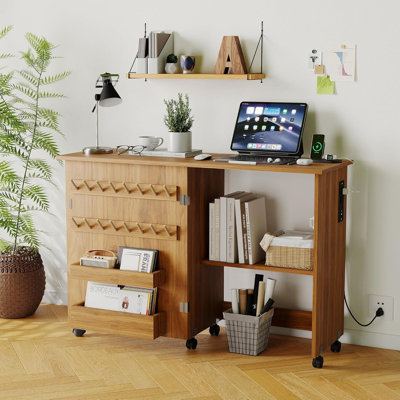 Foldable Sewing & Craft Table with Charging Station – Locking Wheels, Storage Trays, Space-Saving Desk