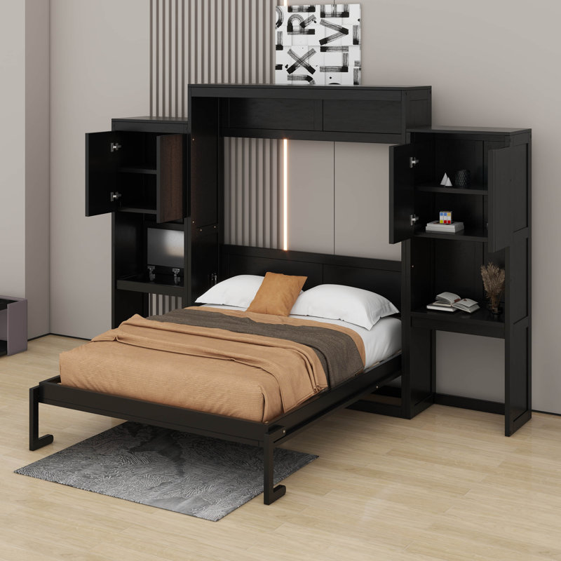 Grand lit escamotable avec bureau, coiffeuse et armoires, Espresso