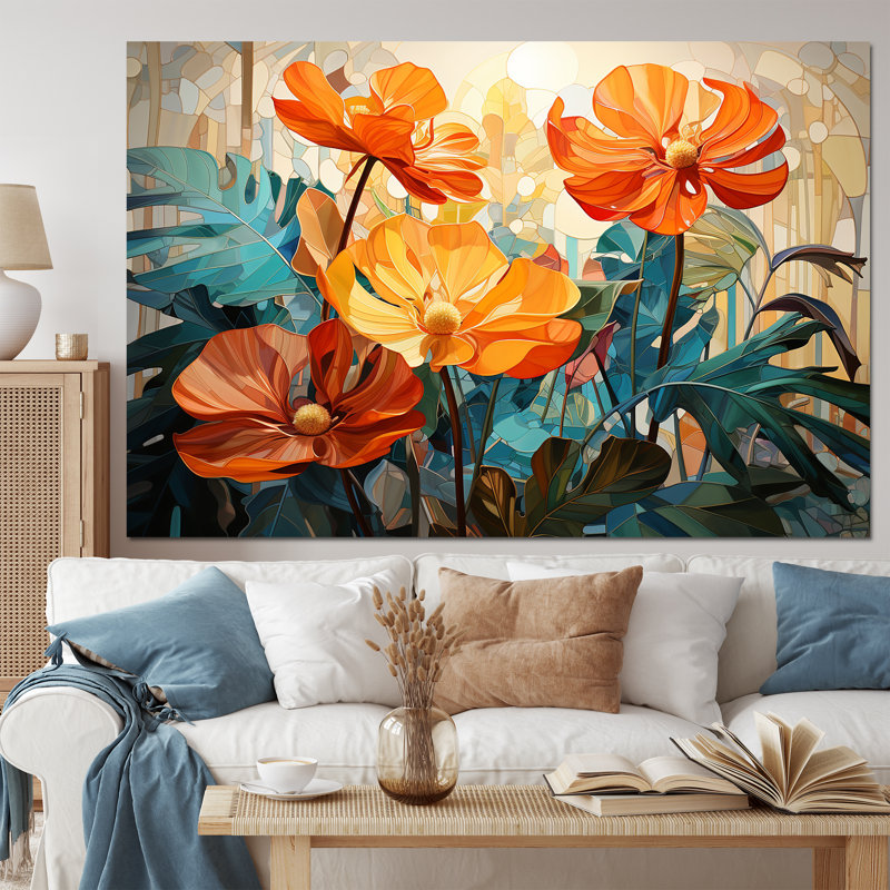 Orange tropical et feuillage tropical II - art mural tropical, salon