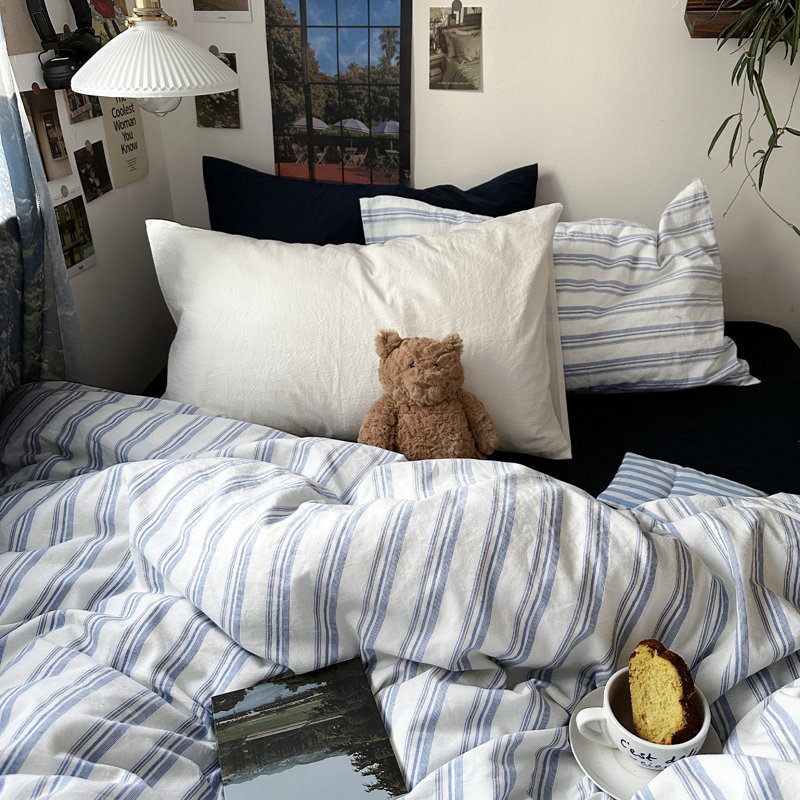 Vintage 3-Piece Cotton Duvet Cover Set With Pillow Shams, Blue/White Striped, Twin Duvet Cover + 1 Standard Sham