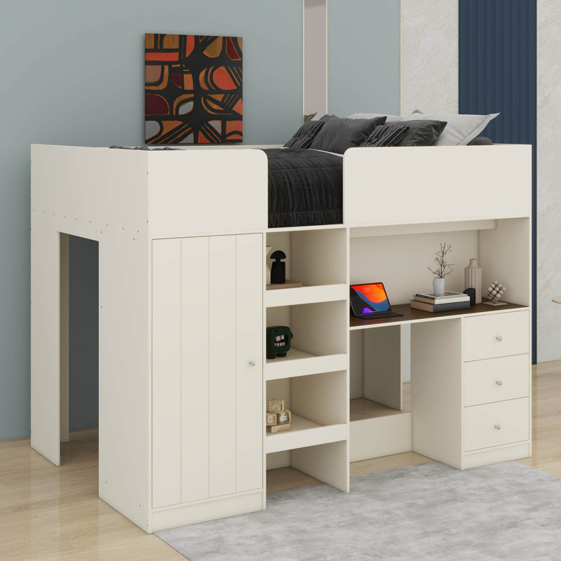 Lit mezzanine double en bois avec garde-robe intégrée, tiroirs, tablettes de rangement et bureau, Beige