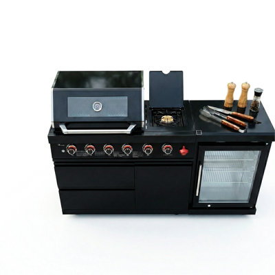 Barbecue pour îlot de 46 pouces à 4 brûleurs 72000 avec refroidisseur à vin, comptoirs en granite, grilles de cuisson en acier inoxydable, allumage électronique, porte de réfrigérateur verrouillable à gaz pour l'extérieur, facile à nettoyer