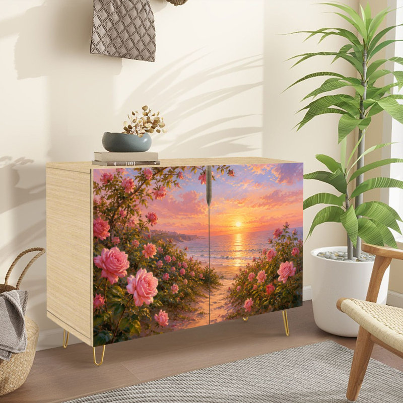 Buffet Buffet avec rangement Coucher de soleil romantique avec roses roses et ruisseaux avec 2 portes pour salon et cuisine
