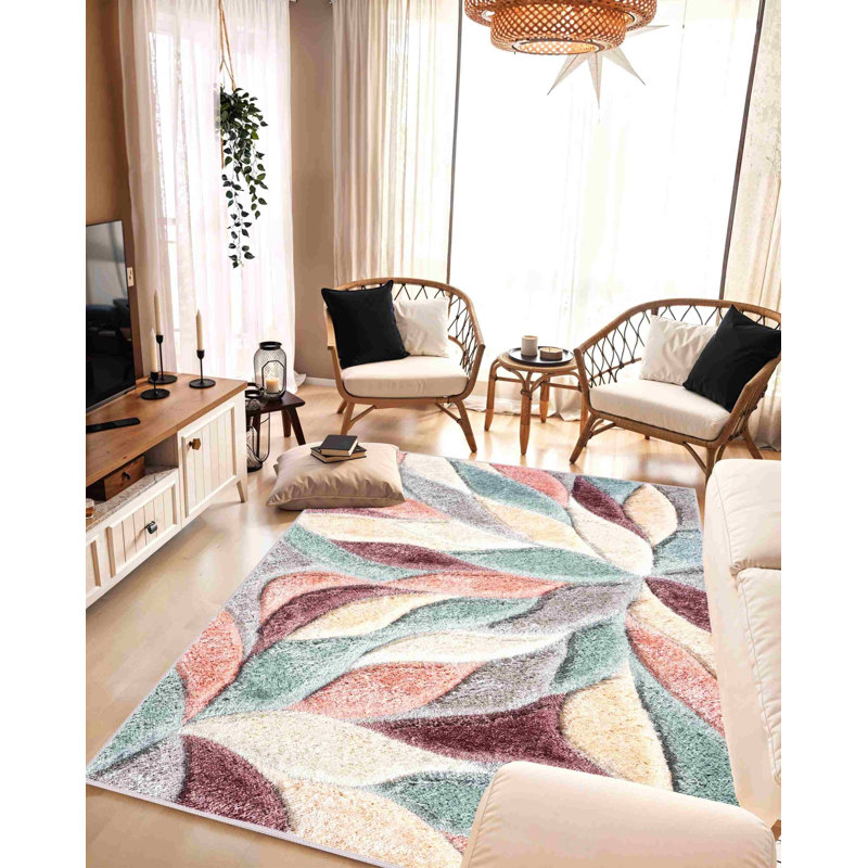 Modern Arriola Shag Abstract Geometric Rug For Living Room Bedroom, Round 6'6"