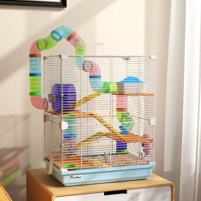 18" 5-Tier Hamster Cage with Tubes Tunnels and Exercise Wheel, 18" L x 11.8" W x 22.8" H, Metal Wire Small Animal Habitat with Carry Handle Water Bottle and Food Dish, Light Blue, 1 Piece