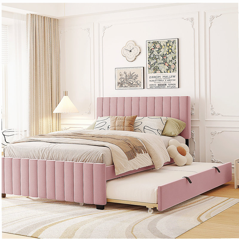 Lit plateforme double en velours avec plateau de rangement simple, Rose