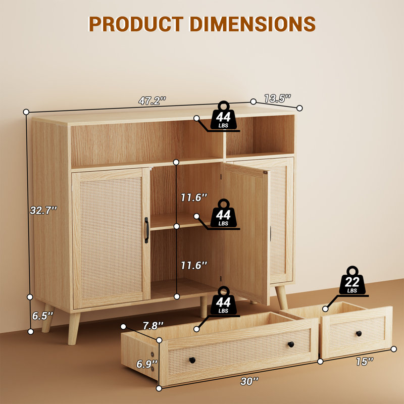 47'' Buffet Cabinet with Storage,Yacchi home Sideboard Rattan Cabinet with 2 Large Drawers, Natural
