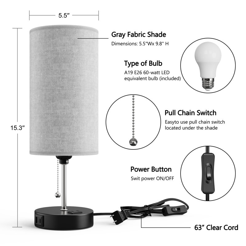 Table Lamp with USB A&C Port and Built-in Outlet, Pull Chain Bedside Lamps with 3 Colour Temperatures, Perfect for Living Room/ Bedroom
