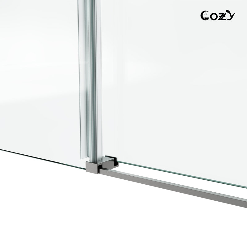 56-61" W x 66" H Single Sliding Frameless Tub Door wwith 3/8" (10mm) Clear Tempered Glass, Shatter-Resistant Film & Installation Hole Locator - Round Top Rail