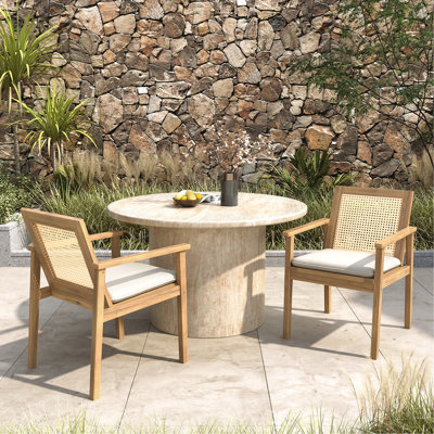 Patio Chair With Cushions, Wood, Weather - Design, Comfortable Padded Plastic Cane Back, 22.38 Inches Wide, 24.96 Deep, 32.01 High, And Beige, Assembly Needed