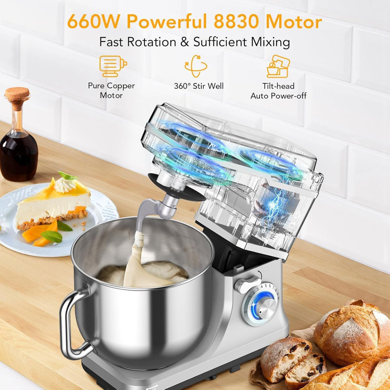 7 Qt Stand Mixer with Stainless Steel Bowl, 660W Tilt-Head Kitchen Mixer, 10-Speed Control for Bread Dough, Pizza, Cakes, Cookies and Whipped Cream