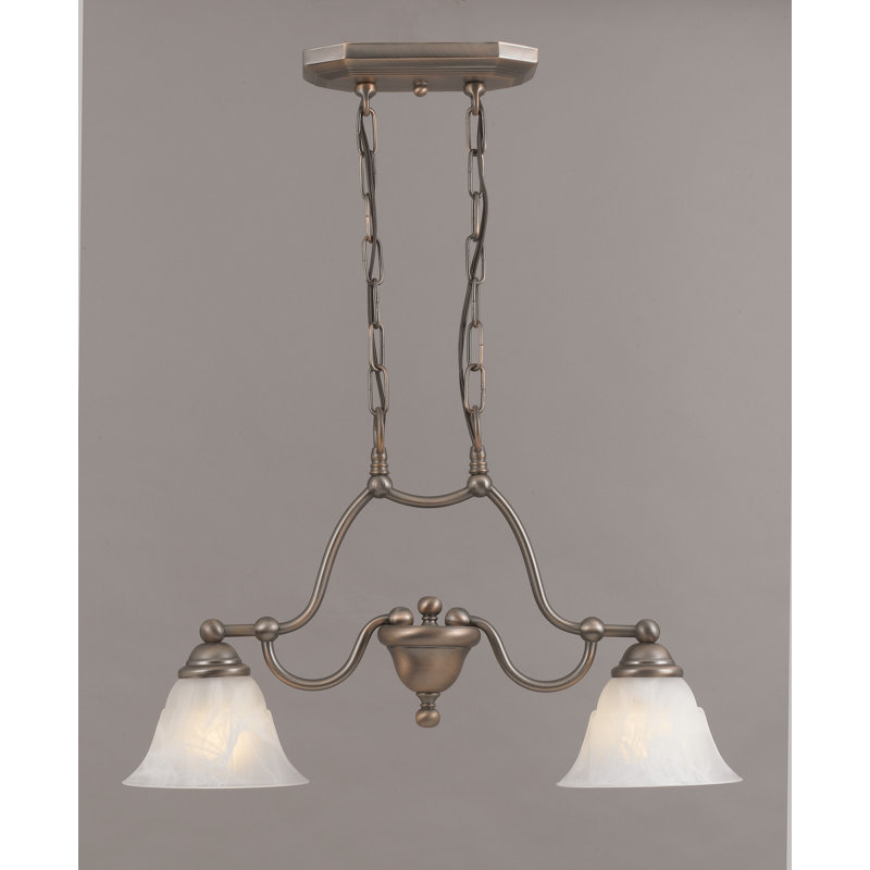 Luminaire suspendu linéaire pour îlot de cuisine 2 lumières Comstock, Albâtre blanc, Bronze rustique