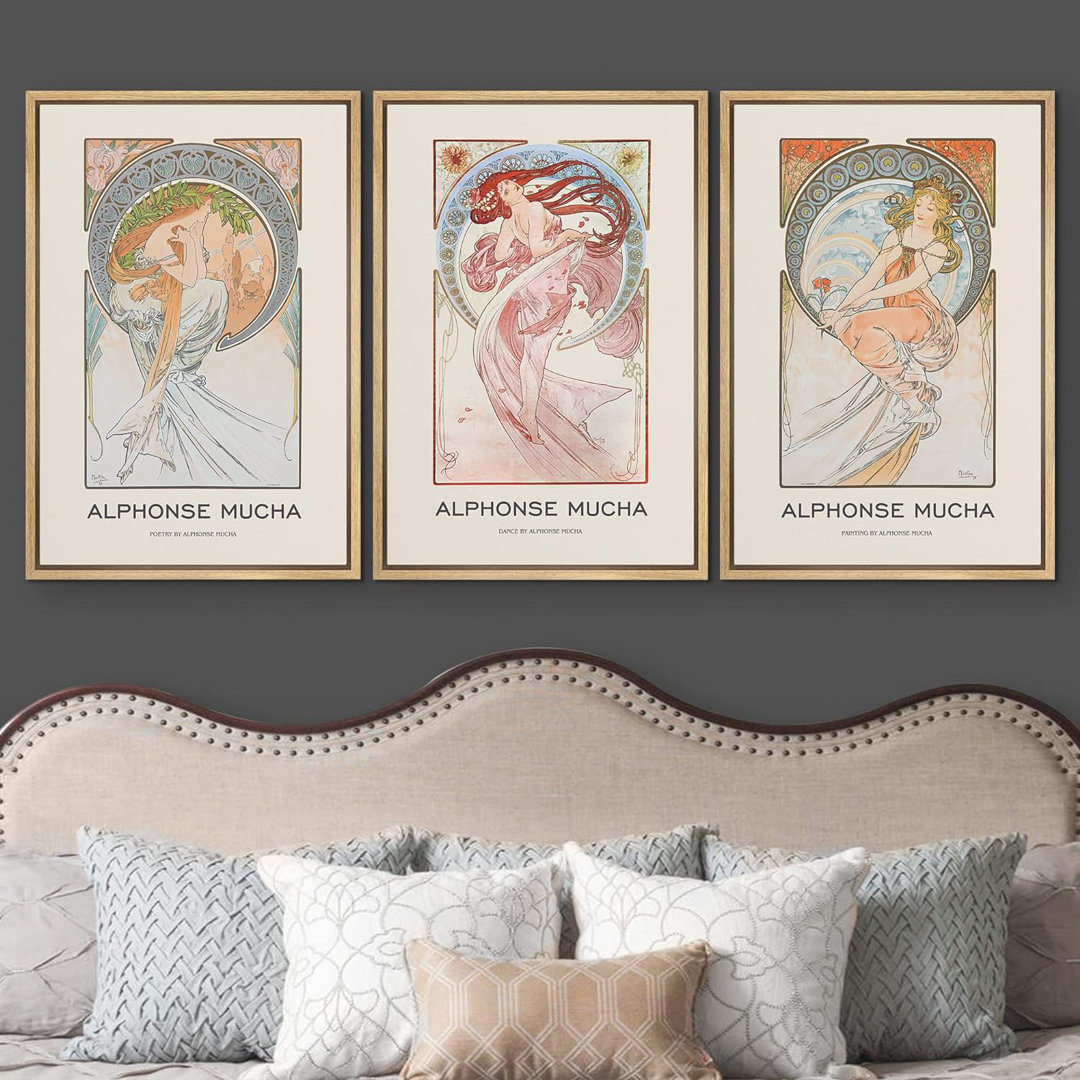 Classical Artwork " Alphonse Mucha Art Nouveau Floral Posters Nature People Fine Art Retro Portrait " 3 - Pieces IDEA4WALL 