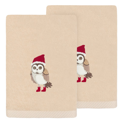 The Holiday Aisle® Christmas Baby Owl - Embroidered Luxury 100% Turkish Cotton Hand Towels (Set Of 2)