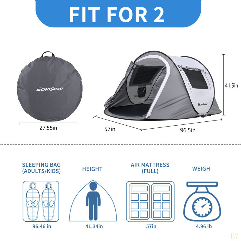 Tente de camping 2 personnes Pop Up, Blanc / Gris