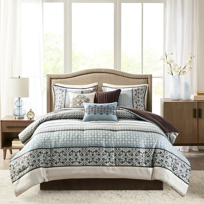 Édredon 7 pièces bleu grand - motif géométrique complexe, 100% brossé, avec jupe de lit, coussins décoratifs pour imprimés élégants, rembourrage inclus