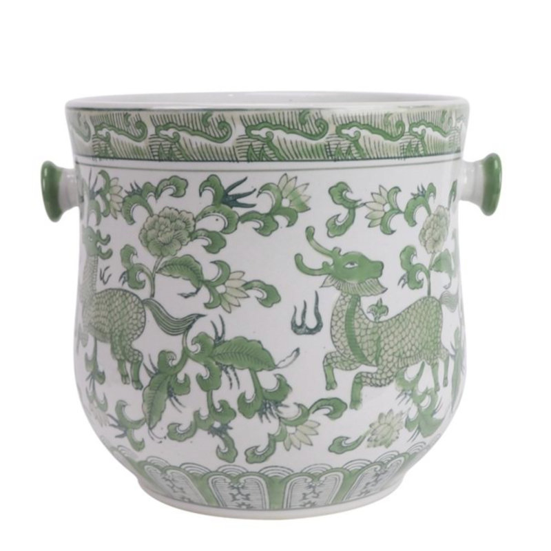 Green & White Bamboo Handle Ice Bucket