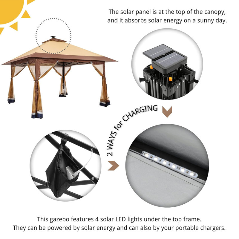 Brown Polyester 12x12 Pop-Up Gazebo with Solar LED Lights