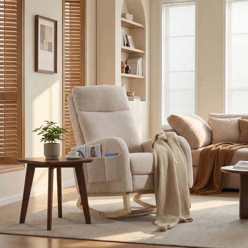 Chaise berçante rembourrée avec dossier haut et poche latérale Teddy, Beige - Repose-pieds