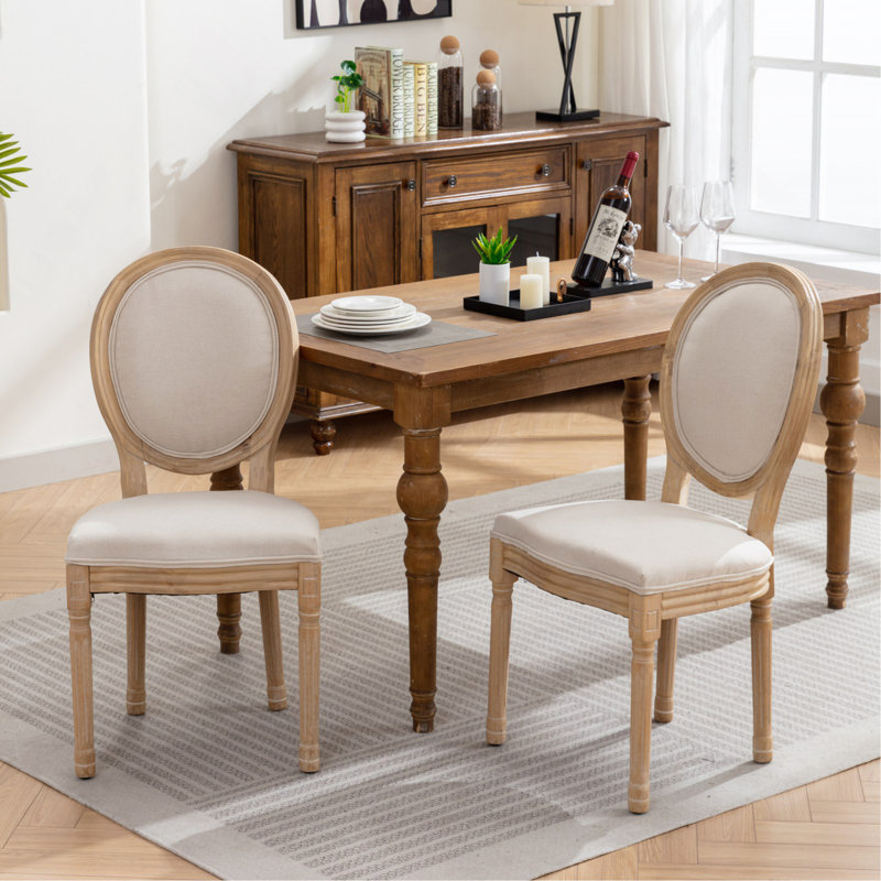 Chaise de salle à manger de style antique avec structure en bois massif avec tissu en lin et rembourrage en mousse souple