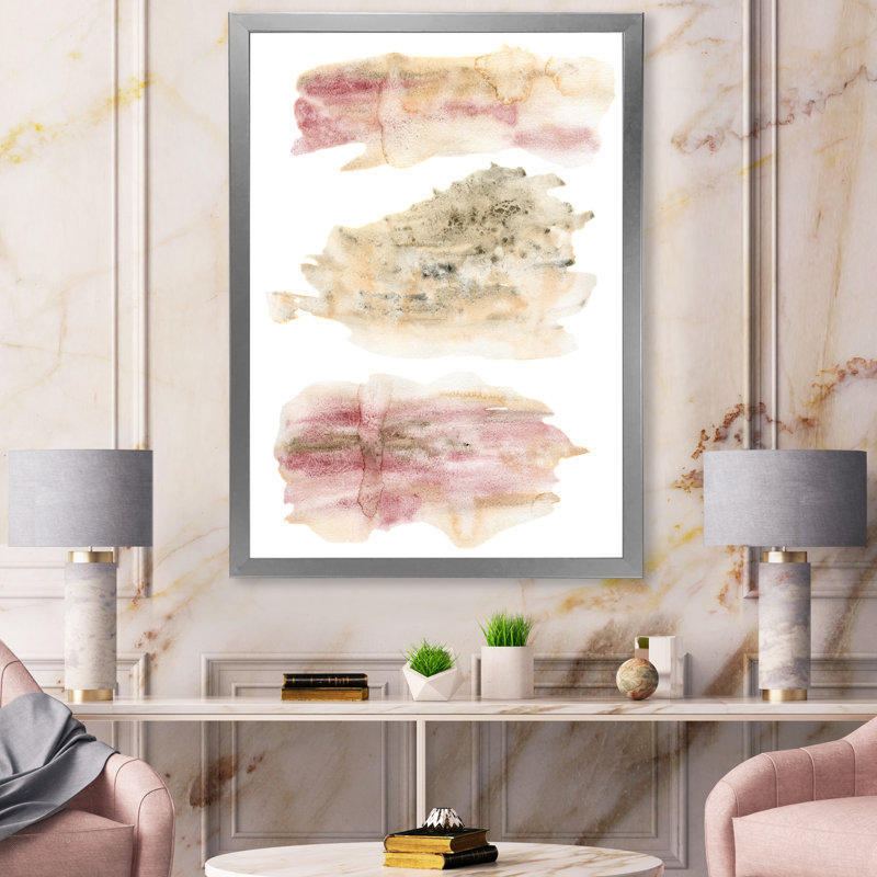 «Golden and Pink Abstract Clouds», peinture sur toile à cadre flottant, H 32 po x l 16 po x P 1 po, Toile avec cadre argenté