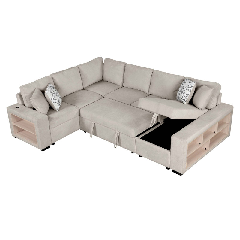 Canapé-lit modulaire en forme de U de 109 po avec deux ports USB, une méridienne de rangement et quatre coussins de dossier pour le salon