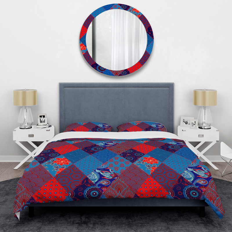 Patchwork bleu et rouge - ensemble de housse de couette abstrait - microfibre de polyester