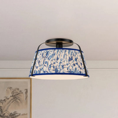 Scout 13-in Matte Black Semi-Flush Mount with Patterned Pleated Blue Linen Shade