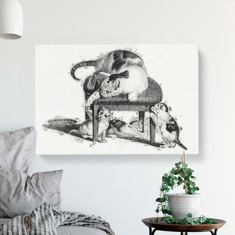 Cat with Kittens by Gottfried Mind - Wrapped Canvas Drawing - Wrapped Canvas, 50cm H x 76cm W x 3cm D