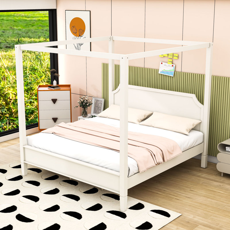 Lit plateforme luxueux à baldaquin en bois avec lattes, pieds de support et tête de lit, Très grand, Blanc crémeux