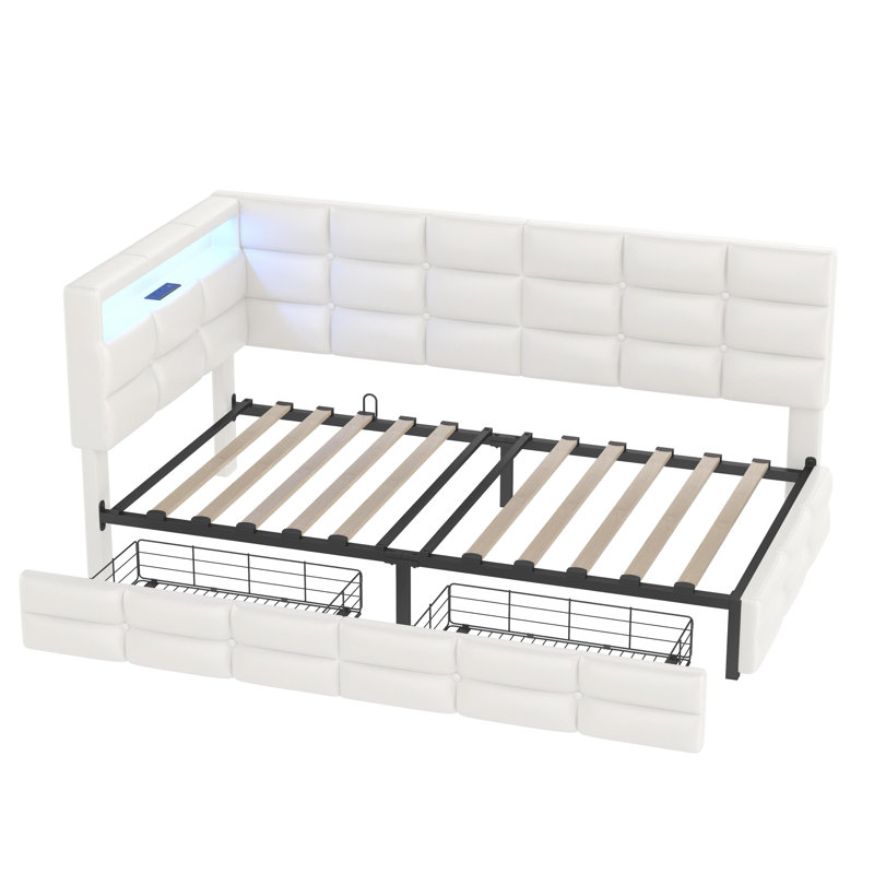 Lit de jour rembourré simple avec rangement 2 tiroirs et station de charge, structure de lit de jour avec lumières DEL et tête de lit, aucun sommier nécessaire