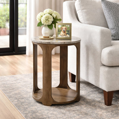 Odera Modern Round Marble Top Accent End Side Table With Wood Base For Living Room Styling - Contemporary Open-Base Design For Narrow Seating Spaces - 22"