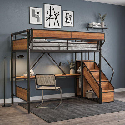 Metal Loft Bed with Desk, Power Outlet, LED Strip, Pegboard, Mesh Baskets and Open Wardrobe