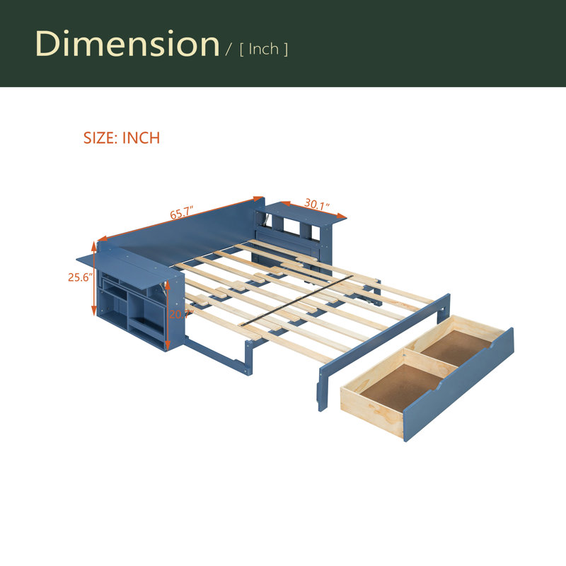 Lit de jour avec bureau amovible, tiroirs de rangement et table d'appoint hydraulique, Bleu, Lit double