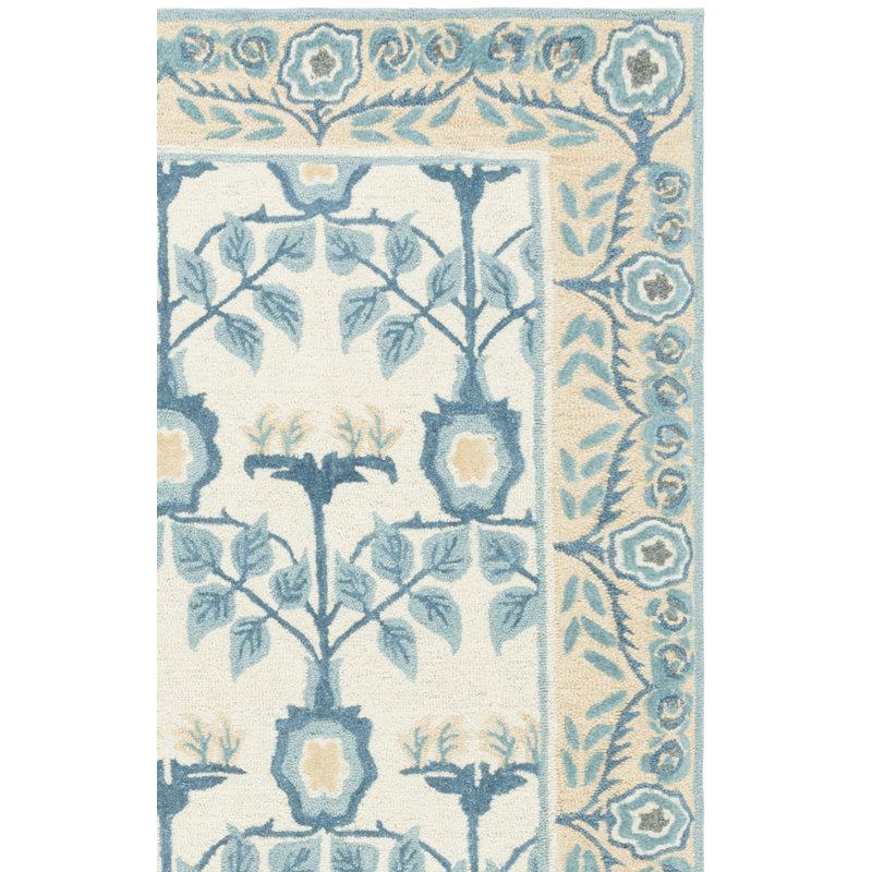 Louella Ivory and Blue Floral Hand-Tufted Wool, Cotton, and Viscose Area Rug, Runner 2'3" x 8'