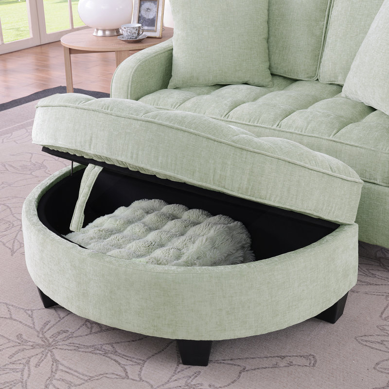 Canapé cyan deux places avec méridienne, accoudoirs irréguliers, repose-pieds de rangement et coussins décoratifs pour le salon et la chambre à coucher