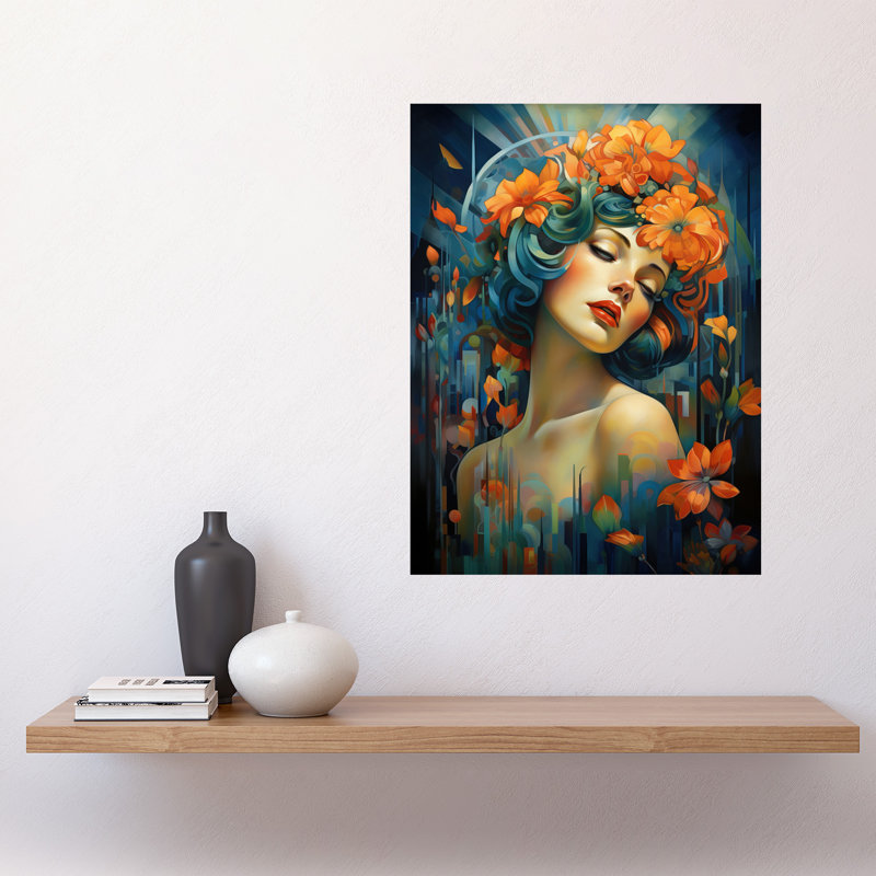Wall Art Print Woman Portrait with Flowers Modern Art Deco Vibrant Artwork Blue Floral Headband Poster