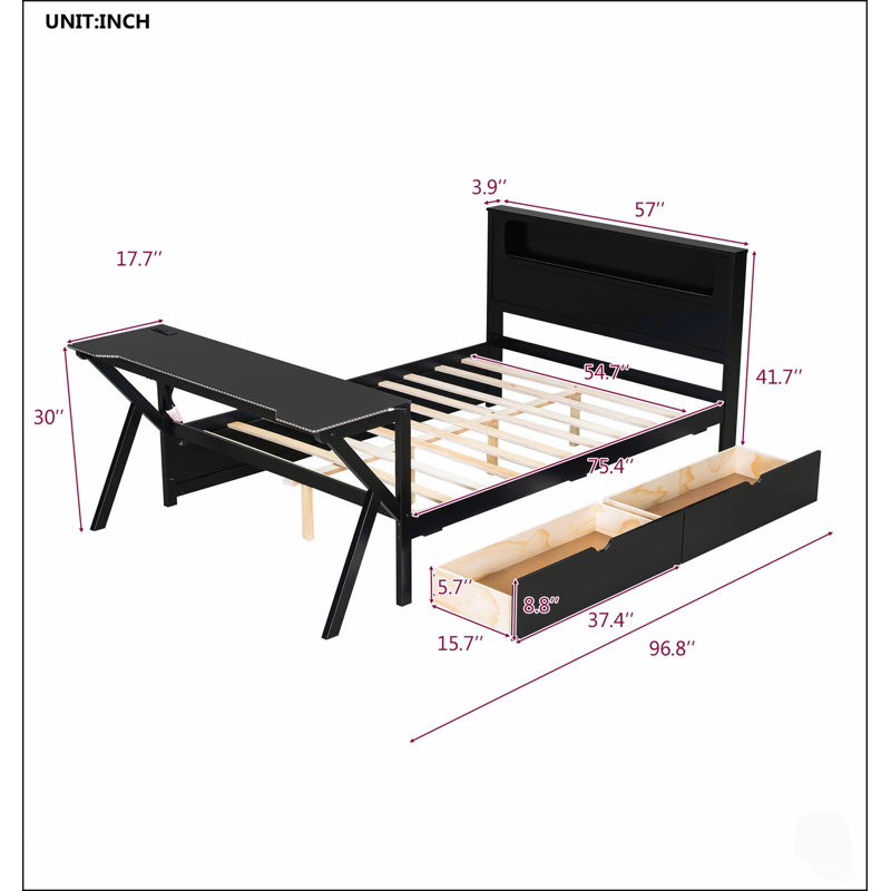 Lit plateforme de jeu en bois avec tête de lit DEL, bureau DEL, ports USB et deux tiroirs de rangement pour une expérience de jeu ultime