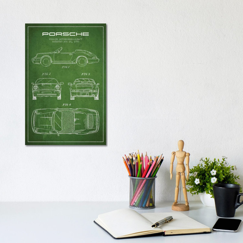 Porsche Corporation Porsche Patent Sketch (Green) by Aged Pixel - Wrapped Canvas Print, 20.32 cm H x 30.48 cm W