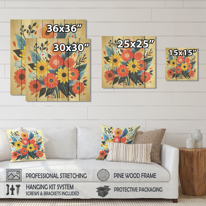 Boho jaune tournesol élégant Elegance III - tournesol sur bois, H 36 po x l 36 po