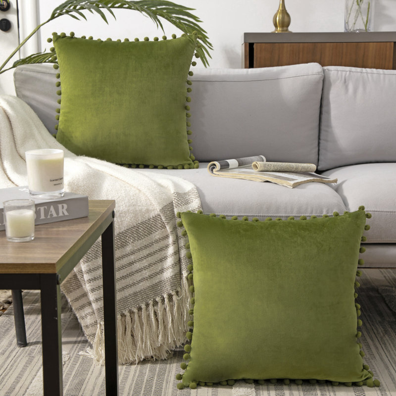 Housse de coussin Silky Velvet Series Pom-poms, Carré 18 po, Vert, Housse de coussin
