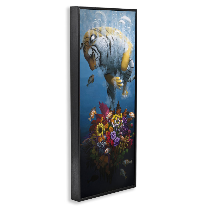 Curious Tiger & Underwater Bouquet, giclée encadrée, design par Heather Gauthier, Giclée encadrée noir minuit