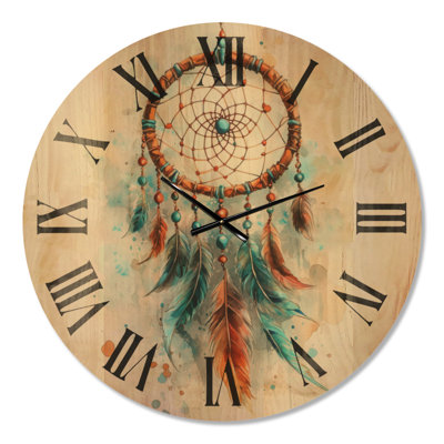 Large Spiritual Silent Wood Wall Clock – Boho Dreamcatcher Dust
