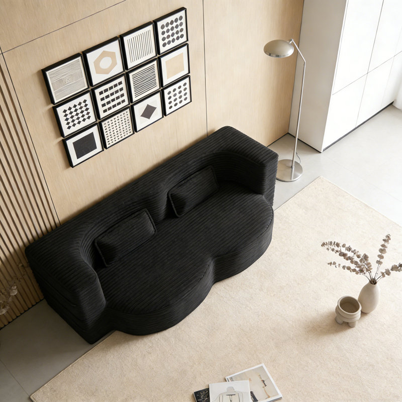 Modern Floor Sofa with 2 Pillows, Corduroy, Black