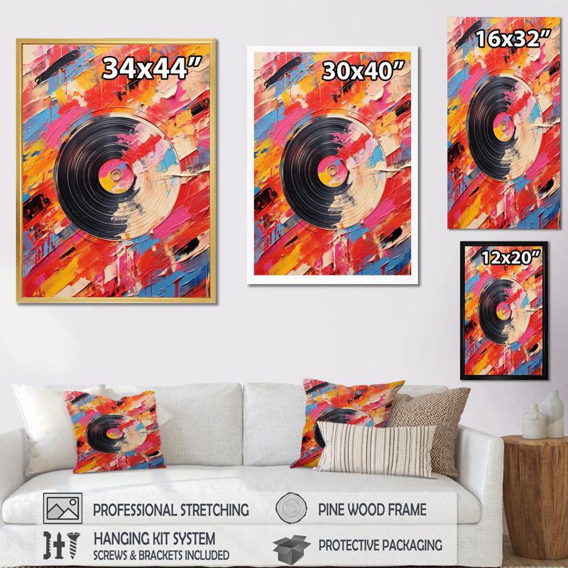 Vinyle, impression rythmique sur toile, H 32 po x l 24 po x P 1 po, Toile tendue